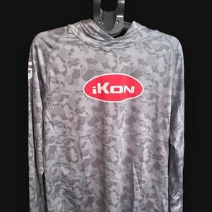 iKon gray camouflage long sleeve shirt with red oval logo, size M